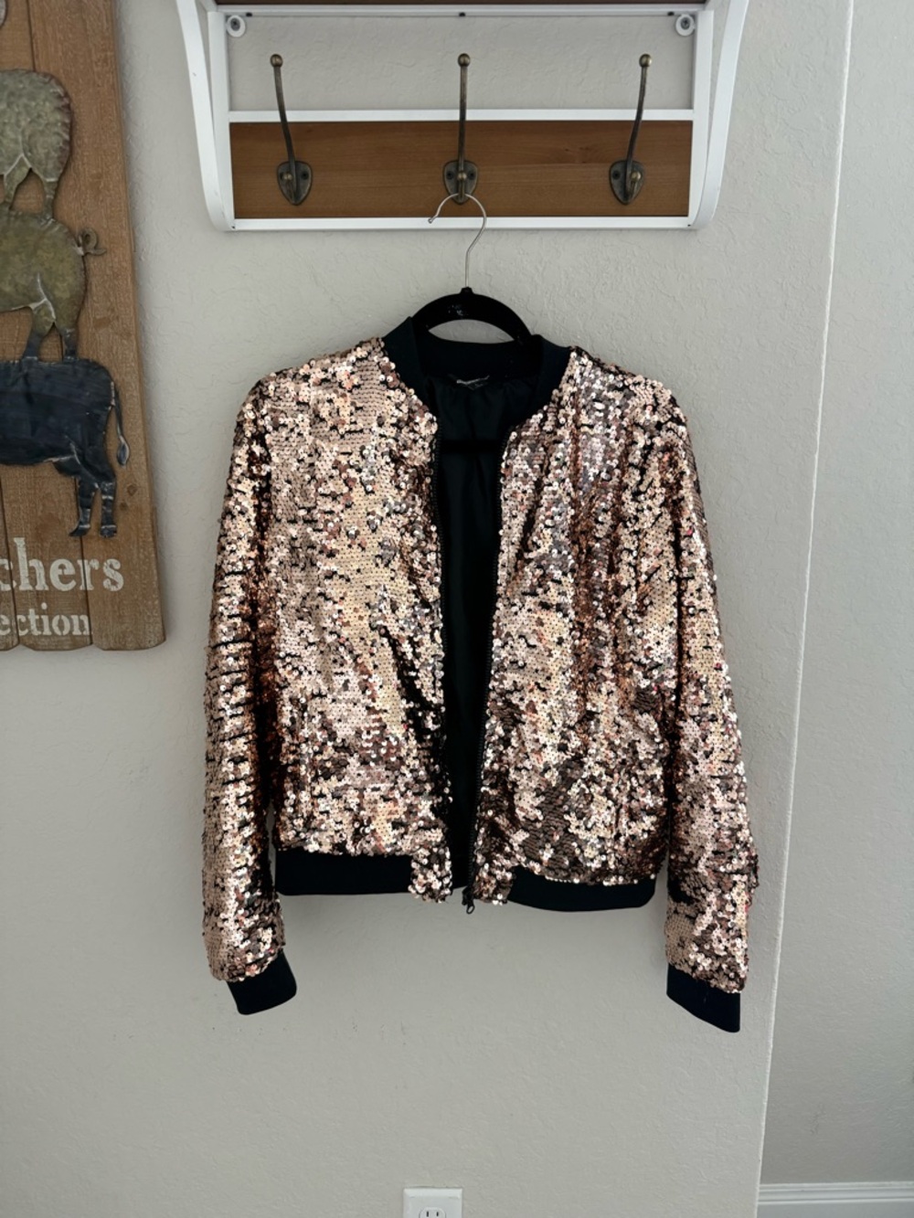 project RUNWAY Rose Gold Sequin Bomber Jacket